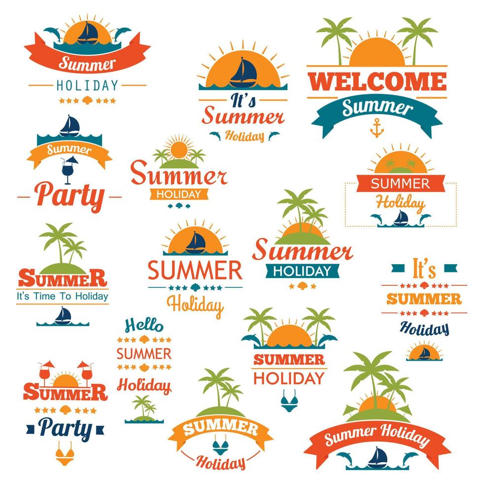 éléments rétro dessinés à la main pour les dessins calligraphiques d'été ornements vintage tous pour les vacances paradis tropical, mer, soleil, week-end, vacances à la plage, jeu d'images vectorielles d'étiquettes d'aventure vecteur