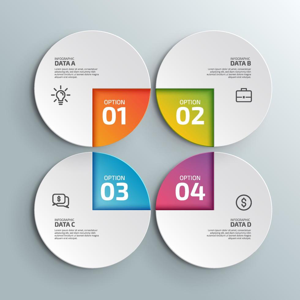 quatre éléments colorés avec des icônes linéaires et place pour le texte à l'intérieur placé autour du cercle. concept d'analyse swot ou technique de planification stratégique. modèle de conception infographique. illustration vectorielle. vecteur