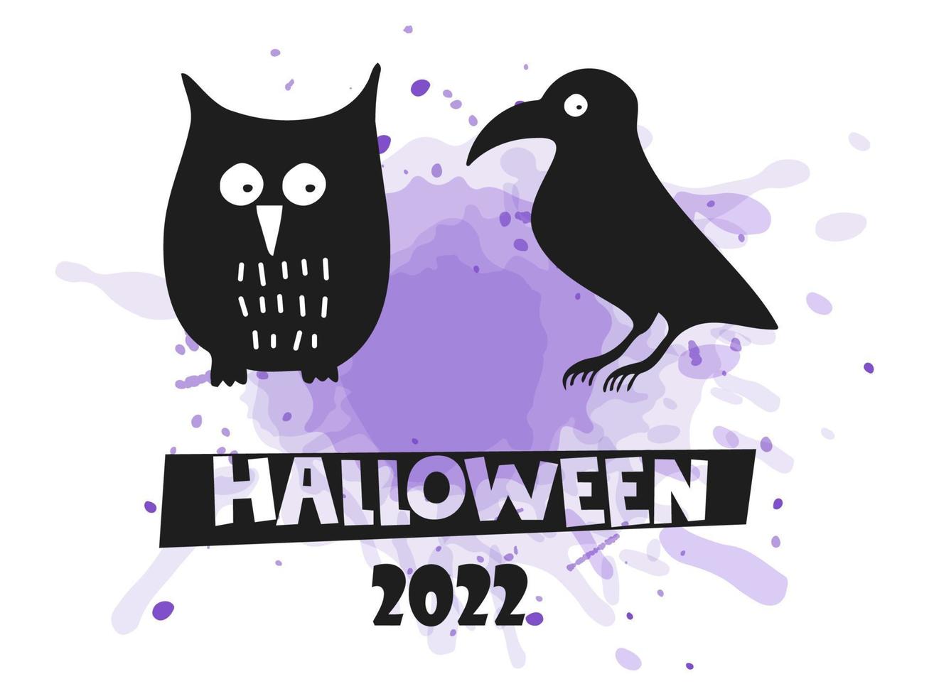 halloween 2022 - 31 octobre. une fête traditionnelle. La charité s'il-vous-plaît. illustration vectorielle dans un style doodle dessiné à la main. ensemble de silhouettes d'un hibou et d'un corbeau avec une tache d'aquarelle violette. vecteur