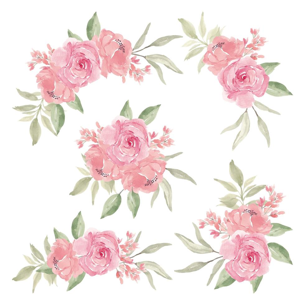 ensemble de bouquet de fleurs rose aquarelle vecteur