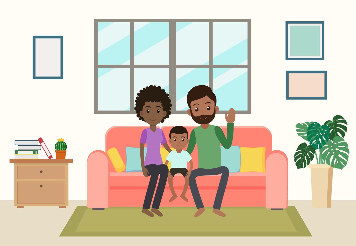 dessin animé, famille américaine africaine, rester, chez soi vecteur