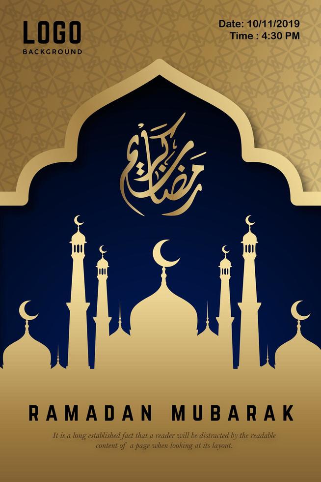 affiche du ramadan mubarak or et bleu nuit vecteur
