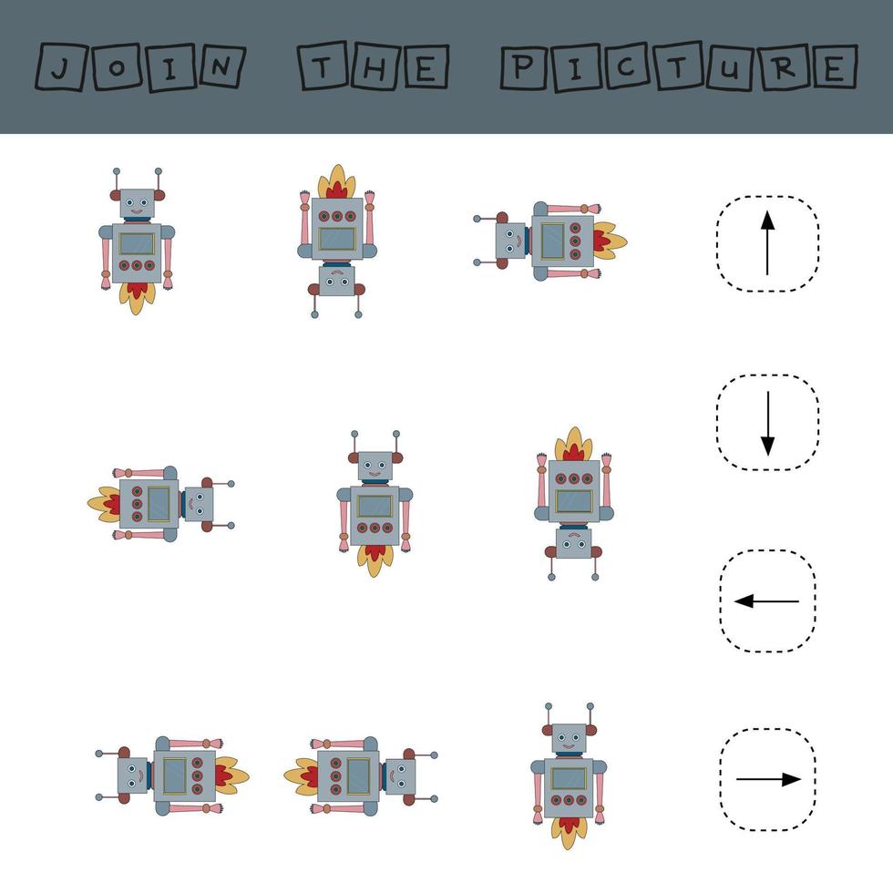 faites correspondre les robots de dessin animé et les directions vers le haut, le bas, la gauche et la droite. jeu éducatif pour les enfants. vecteur