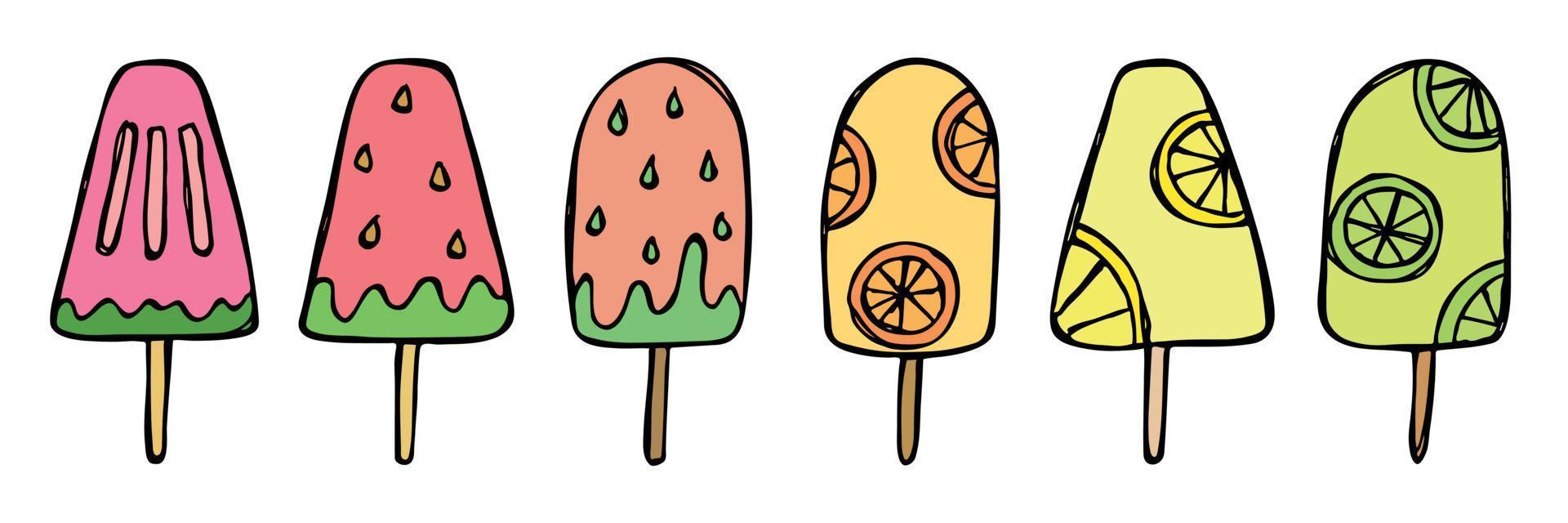 ensemble vectoriel d'illustration de crème glacée dessinée à la main. clipart de dessert mignon. pour l'impression, le web, le design, la décoration, le logo.