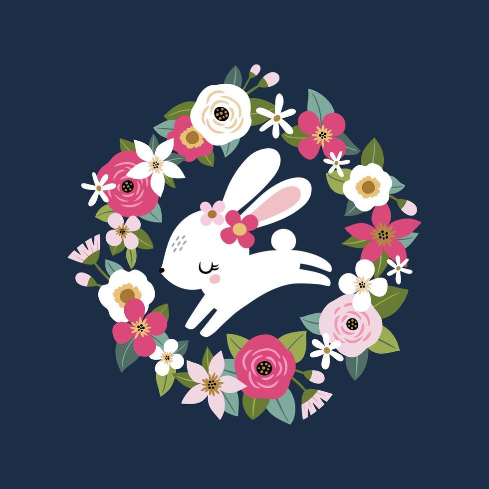 adorable lapin blanc avec des fleurs vintage vecteur