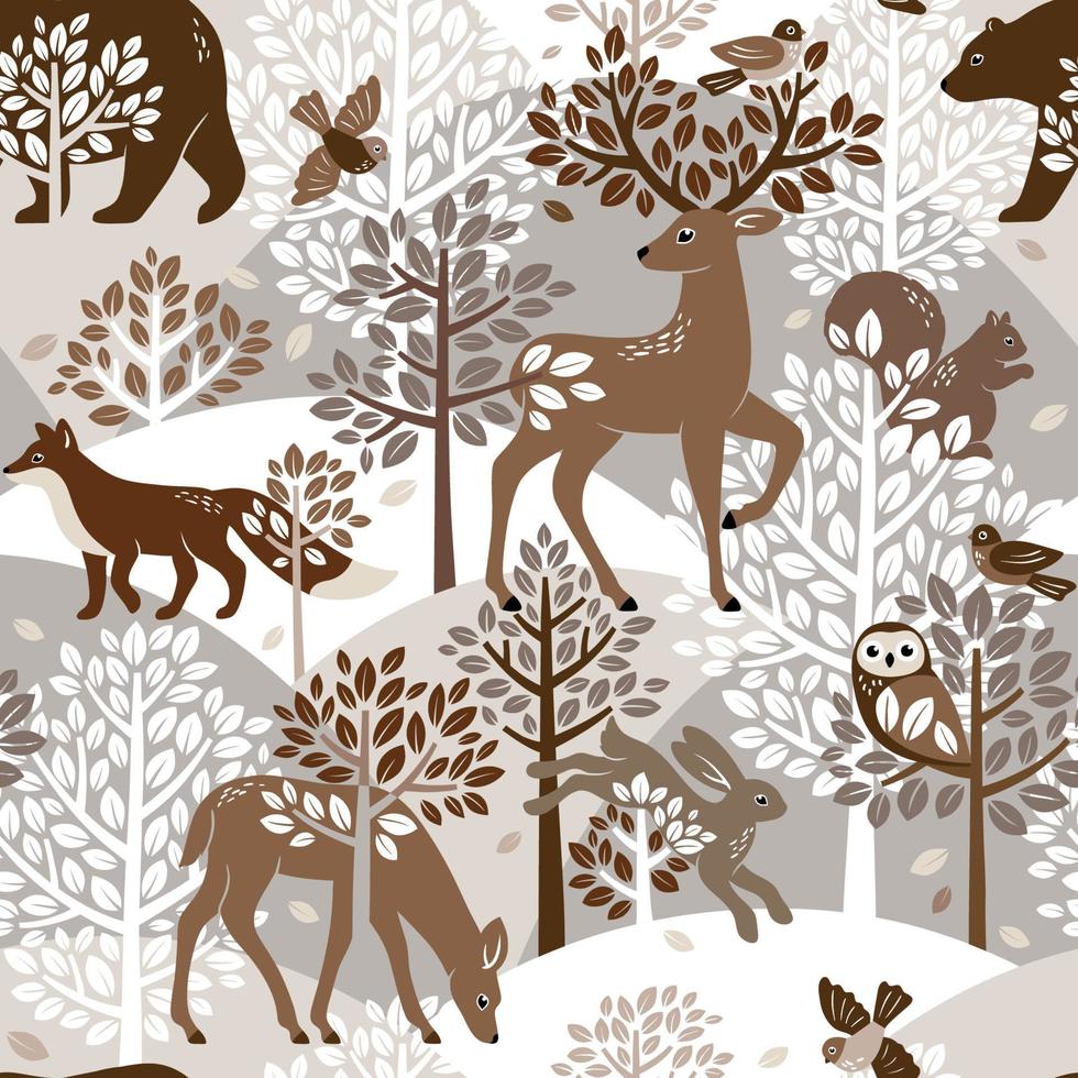 modèle sans couture avec de jolis animaux des bois, des arbres et des feuilles. illustration boisée scandinave. parfait pour le textile, le papier peint ou la conception d'impression. vecteur