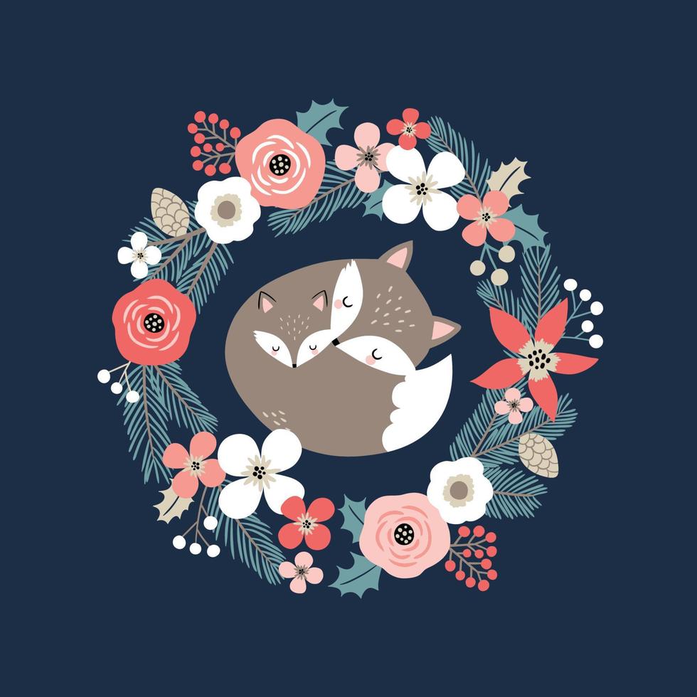 mignons renards dessinés à la main dans une couronne florale. parfait pour le logo de tee-shirt, la carte de voeux, l'affiche, l'invitation ou la conception d'impression. vecteur