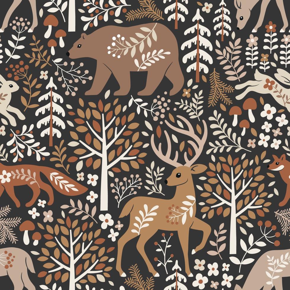 modèle sans couture avec de jolis animaux des bois, des arbres et des feuilles. illustration boisée scandinave. parfait pour le textile, le papier peint ou la conception d'impression. vecteur