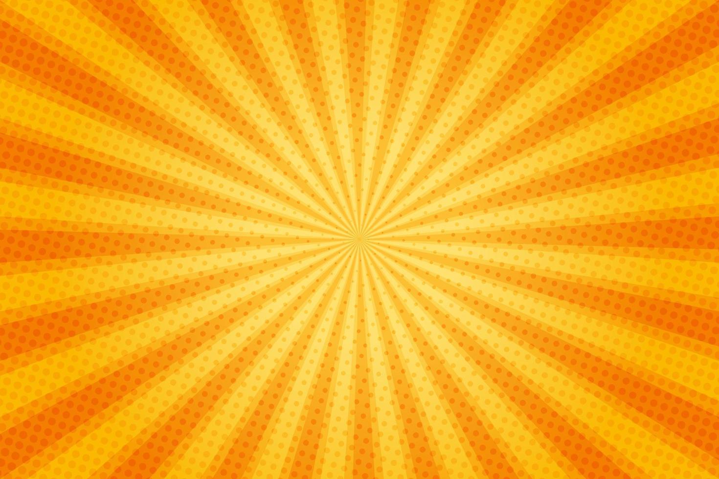 rayons de soleil style vintage rétro sur fond jaune et orange, motif comique avec starburst et demi-teintes. effet sunburst rétro de dessin animé avec des points. des rayons. illustration vectorielle de bannière d'été. vecteur