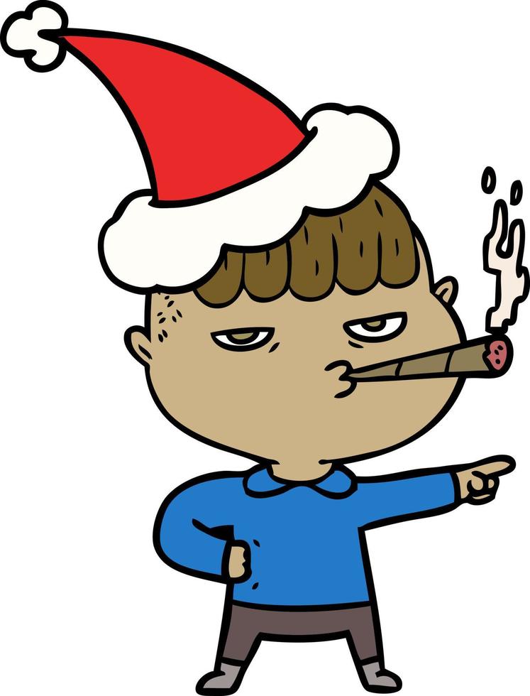 dessin au trait d'un homme qui fume portant un bonnet de noel vecteur