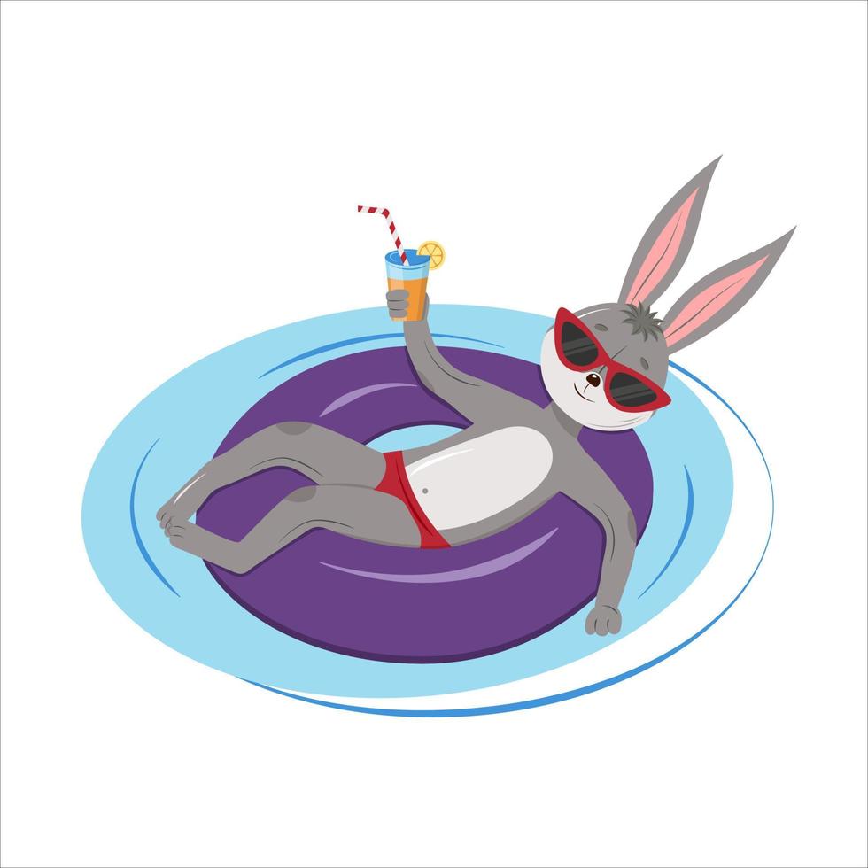 mignon lièvre relaxant avec un tour de natation dans la piscine. illustration vectorielle. pour les t-shirts, autocollants, calendriers, arrière-plans, dépliants, livres. style de dessin animé plat. vecteur