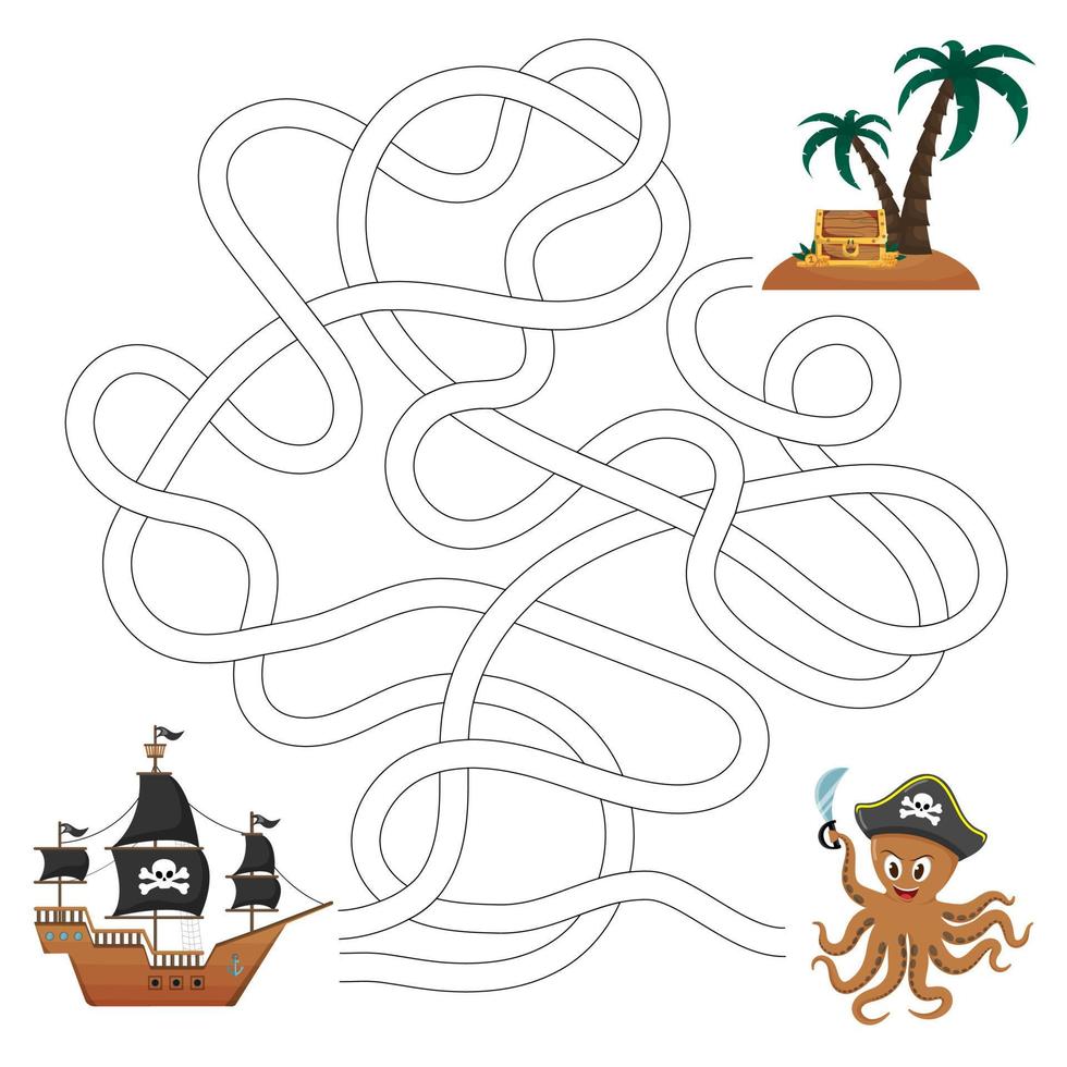 labyrinthe de pirates avec chasse au trésor. illustrations vectorielles pour les livres pour enfants. labyrinthe. un jeu éducatif pour les enfants. vecteur