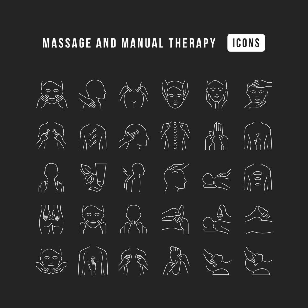 ensemble d'icônes linéaires de massage et de thérapie manuelle vecteur