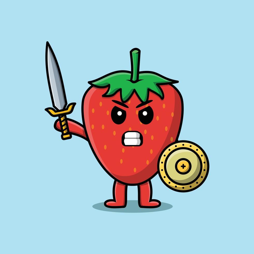 fraise de dessin animé mignon tenant une épée et un bouclier vecteur