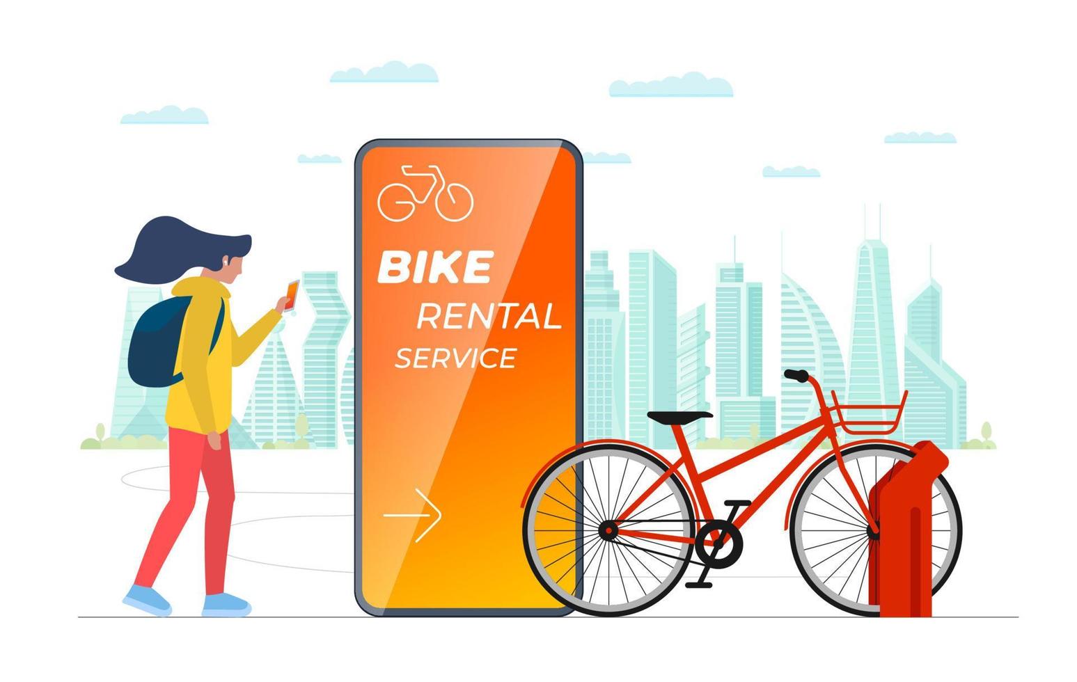 femme touchant l'écran du smartphone avec l'application mobile de location de vélos. une fille tient un téléphone intelligent avec une application de location de vélos en ligne dans la ville moderne. service de partage de transport écologique en vélo public. bannière de vecteur eps