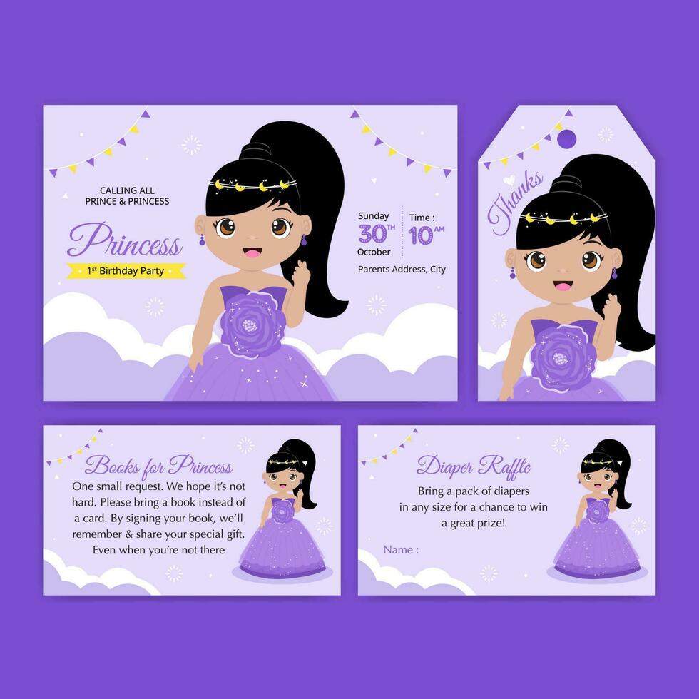ensemble d'invitations d'anniversaire de princesse violette vecteur