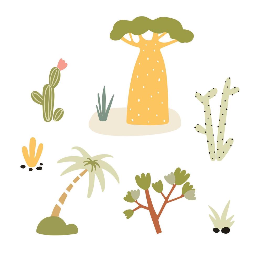 clipart vector illustration arbres de dessin animé dessinés à la main, fleurs et plantes, éléments abstraits de doodle isolés sur blanc.