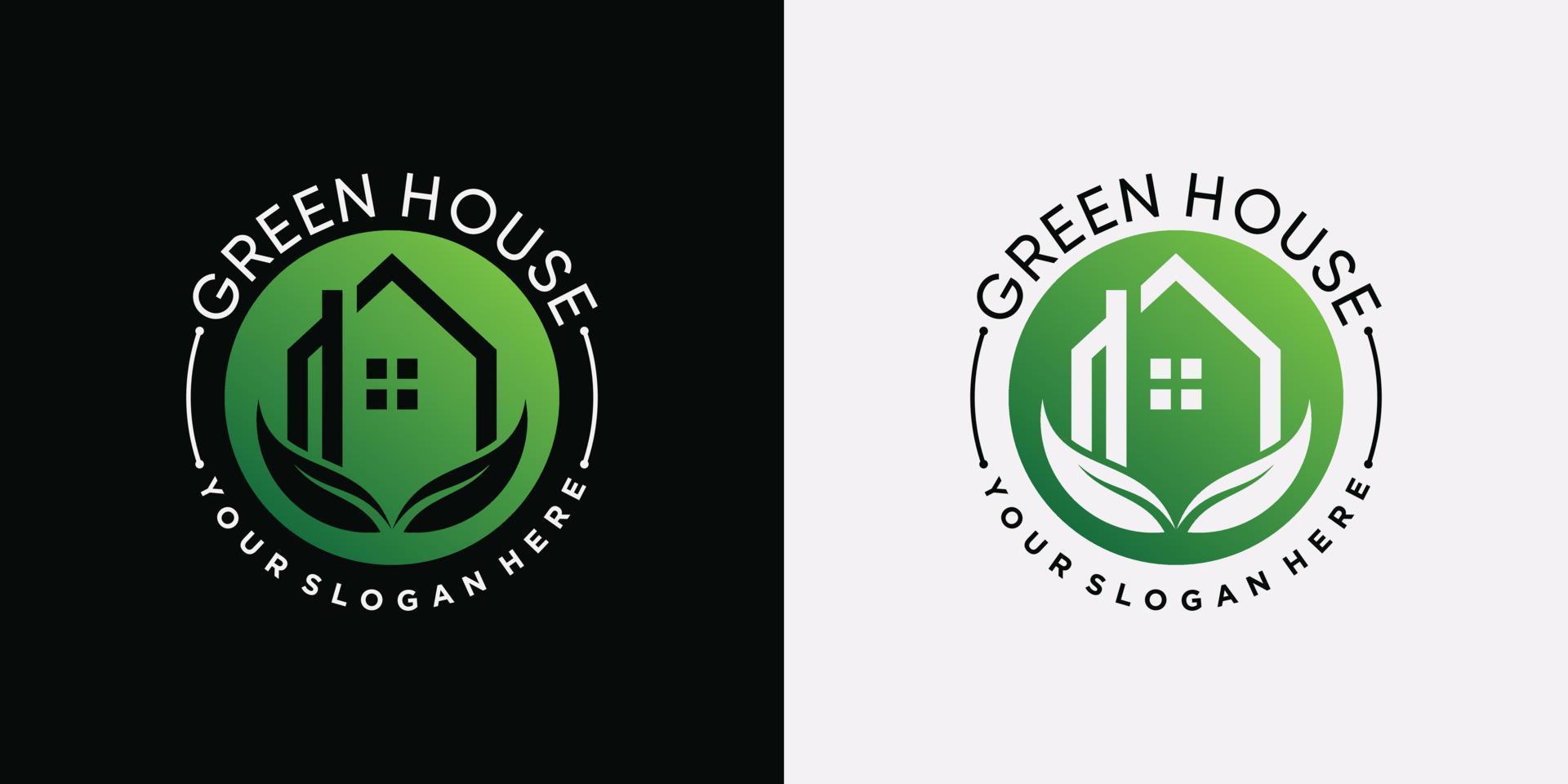 icône du logo de la maison verte avec concept d'espace négatif et élément feuille vecteur