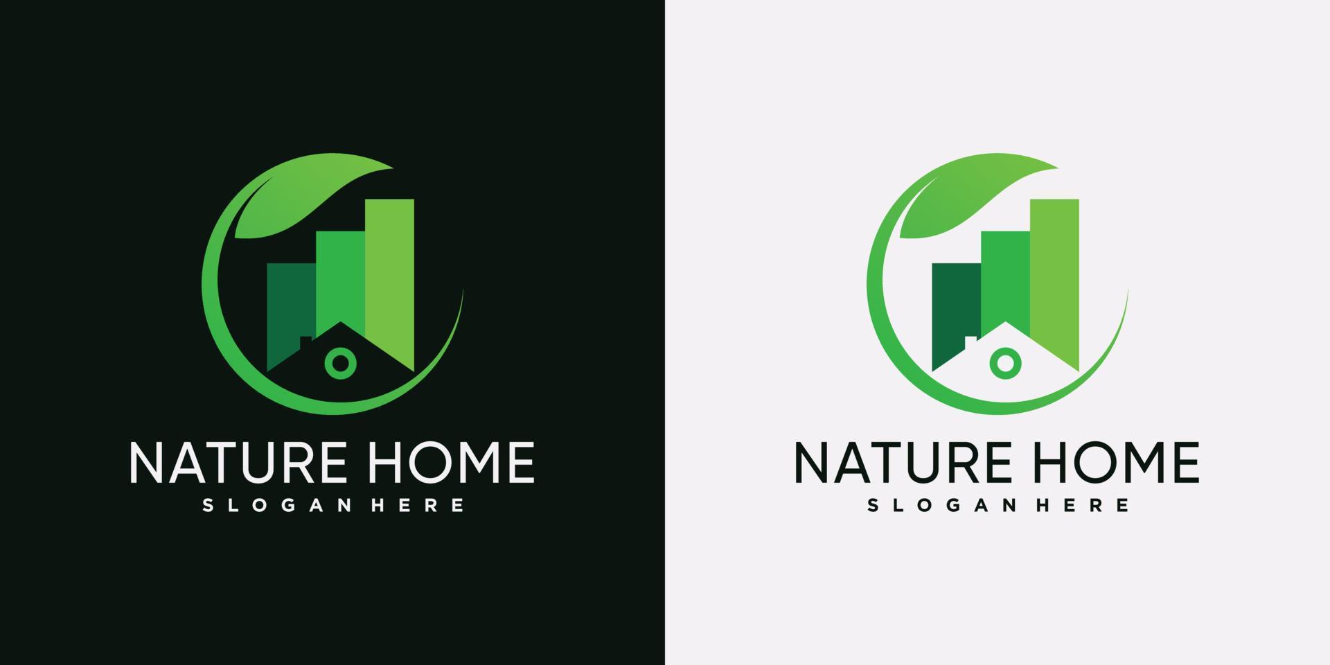 modèle de conception de logo maison nature avec feuille verte et élément créatif vecteur