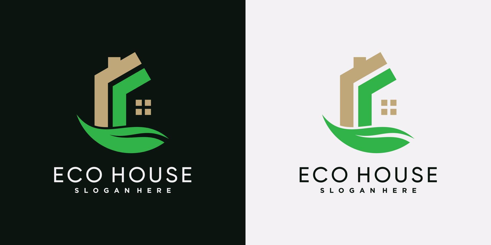 modèle d'icône logo eco house avec feuille verte et élément créatif vecteur