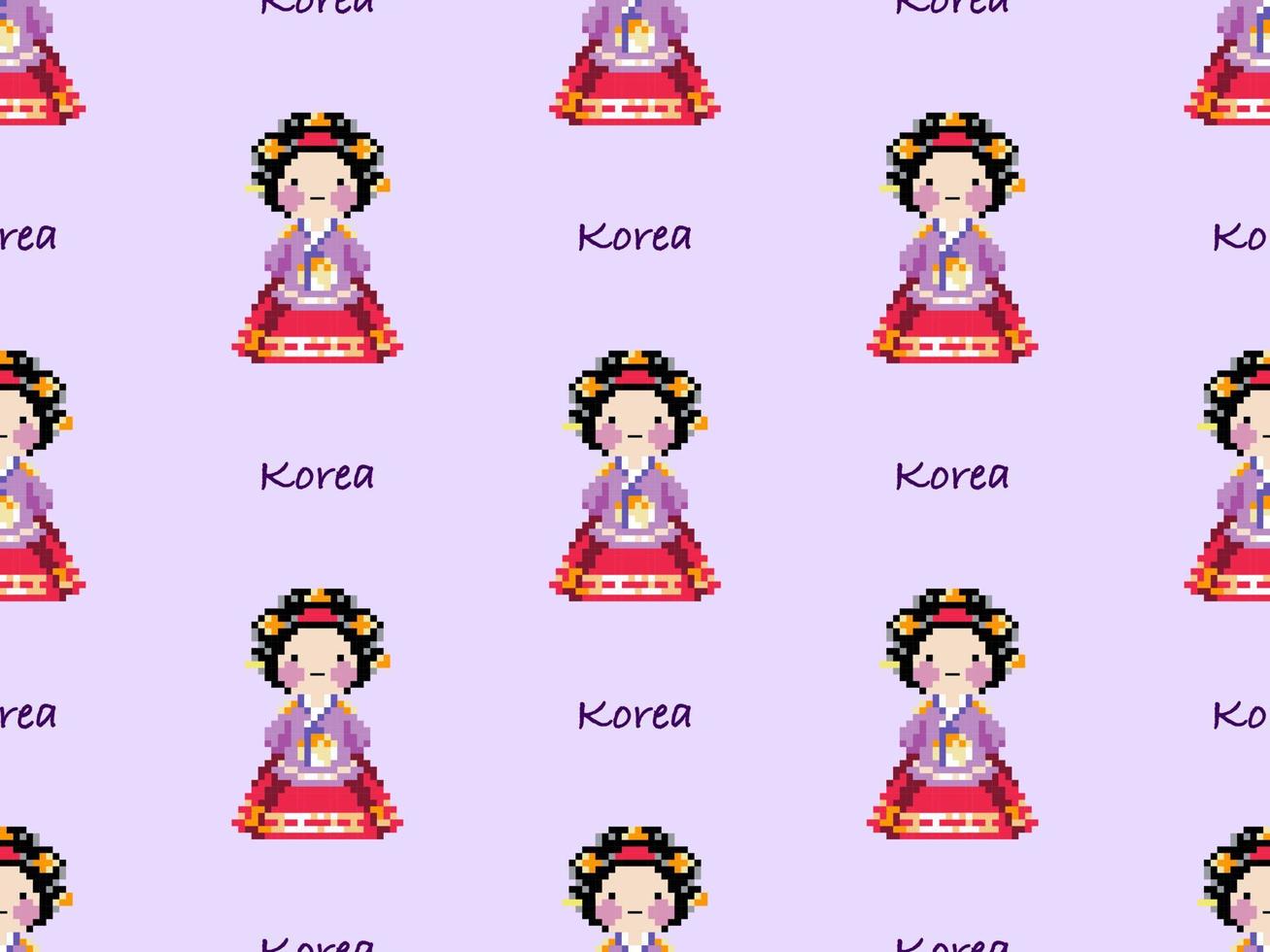 modèle sans couture de personnage de dessin animé hanbok sur fond violet. style de pixels vecteur