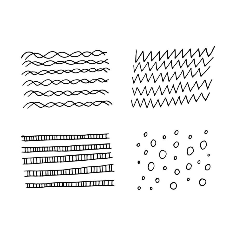 ensemble de textures abstraites de gribouillis isolées sur fond blanc. rayures d'encre à main levée, lignes en zigzag, cercles. vecteur