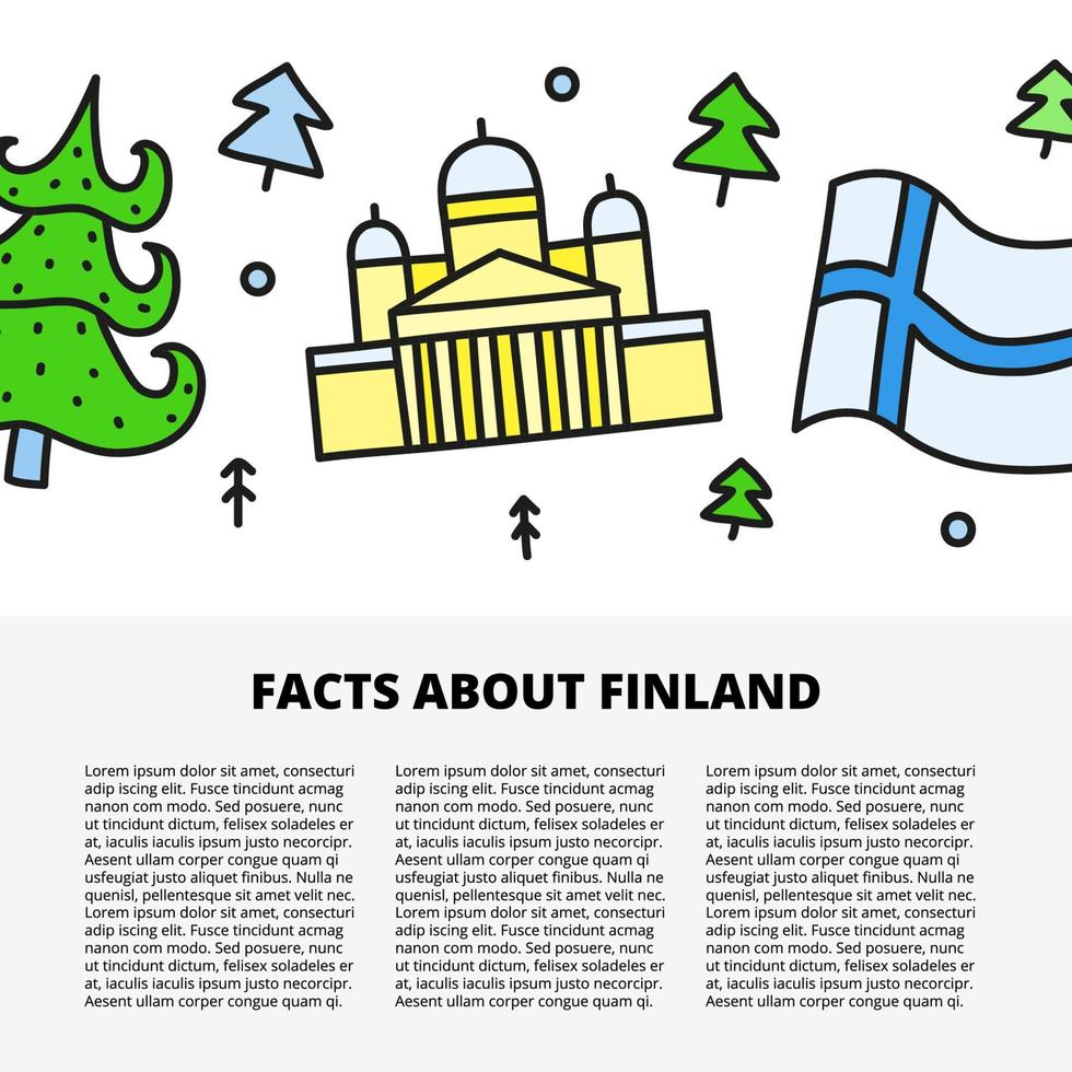 modèle d'article avec un espace pour le texte et les icônes finlandaises de couleur doodle, y compris les sapins, la cathédrale d'helsinki et le drapeau isolé sur fond blanc. vecteur