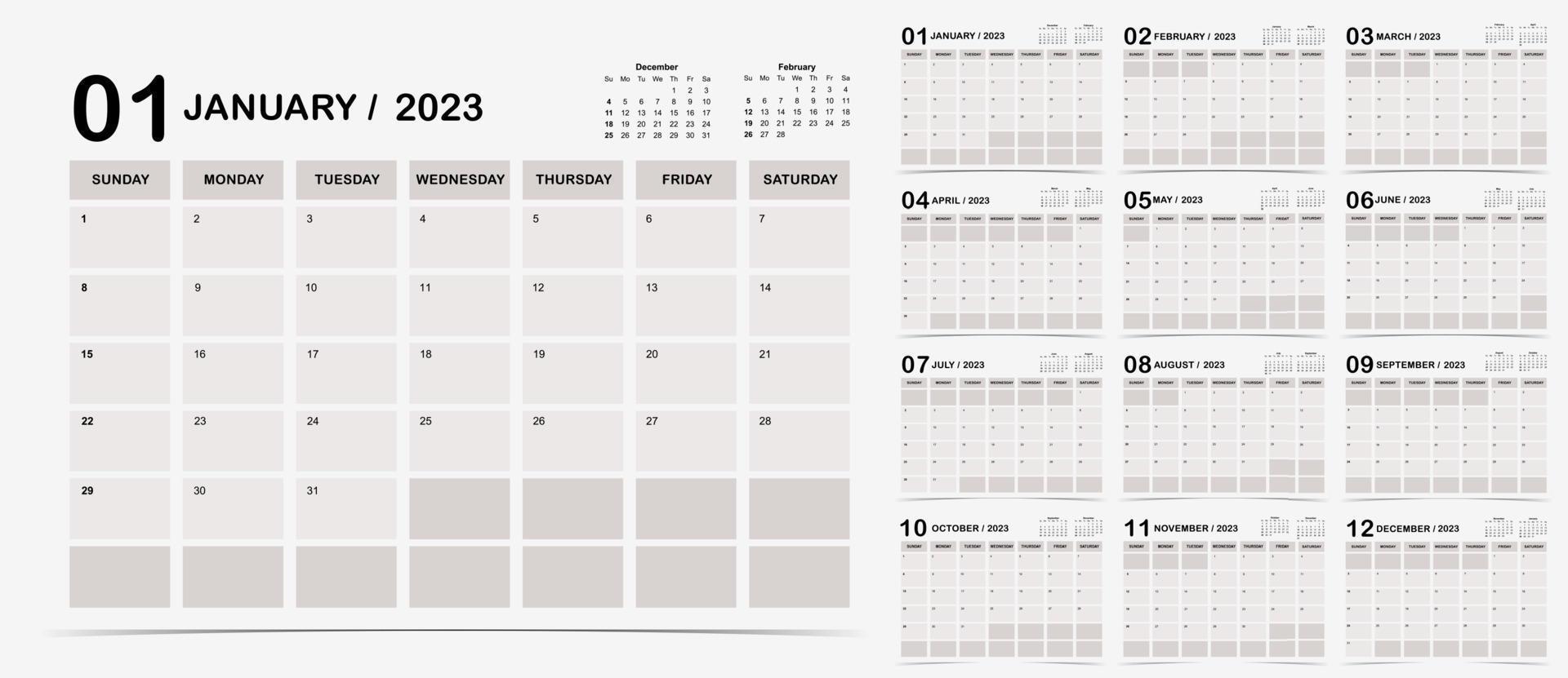 La semaine du calendrier de table 2023 commence le dimanche avec la couleur utilisée pour le numérique vertical et l'imprimable vecteur