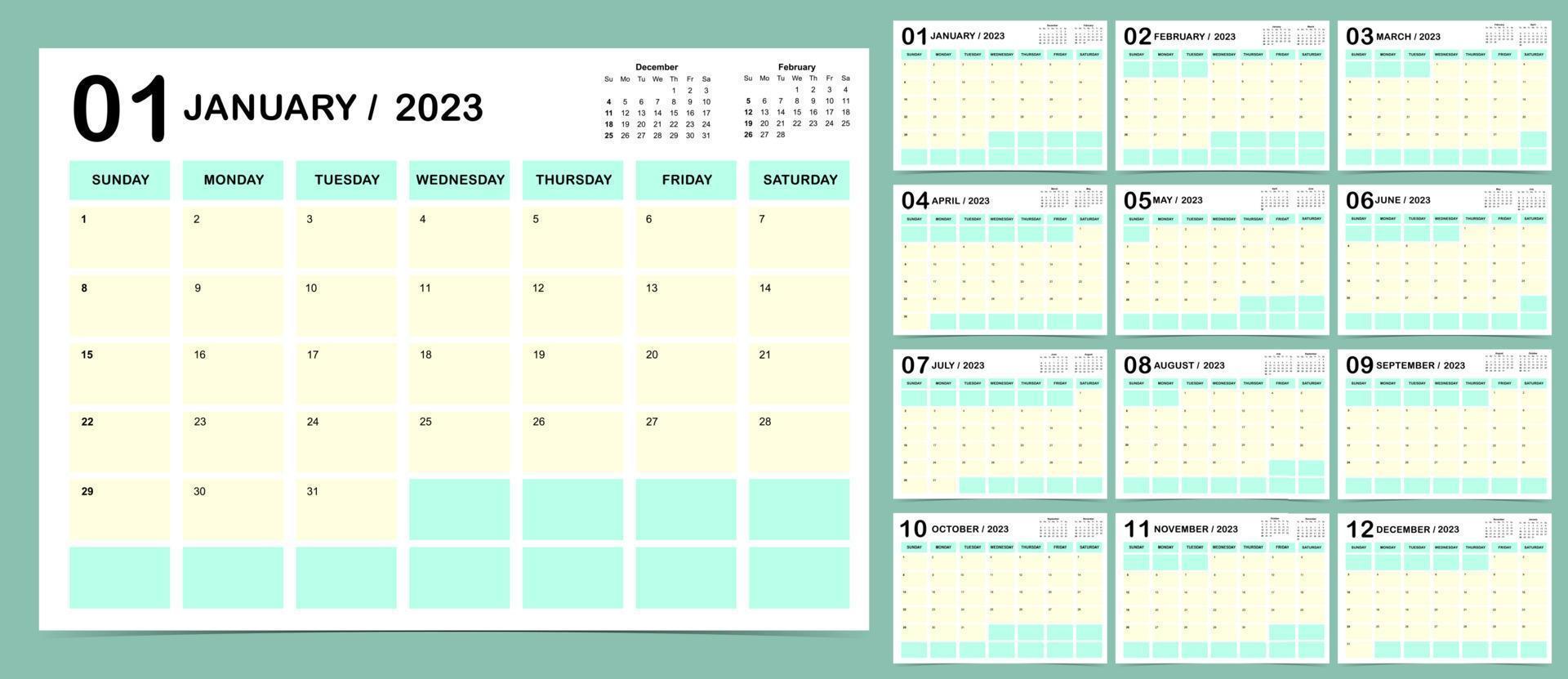 La semaine du calendrier de table 2023 commence le dimanche avec la couleur utilisée pour le numérique vertical et l'imprimable vecteur