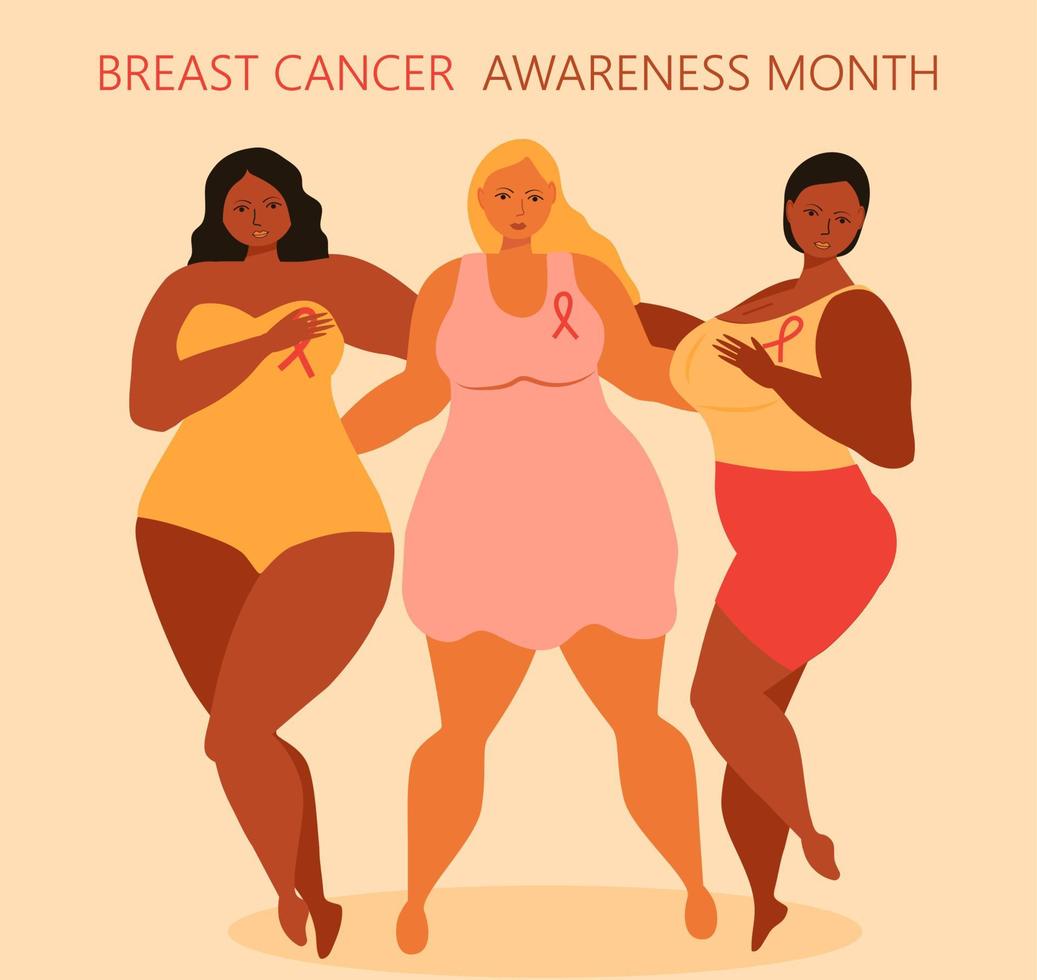 vecteur de concept de mois de sensibilisation au cancer du sein. les filles de race différente se soutiennent. des rubans roses sur les robes sont montrés.