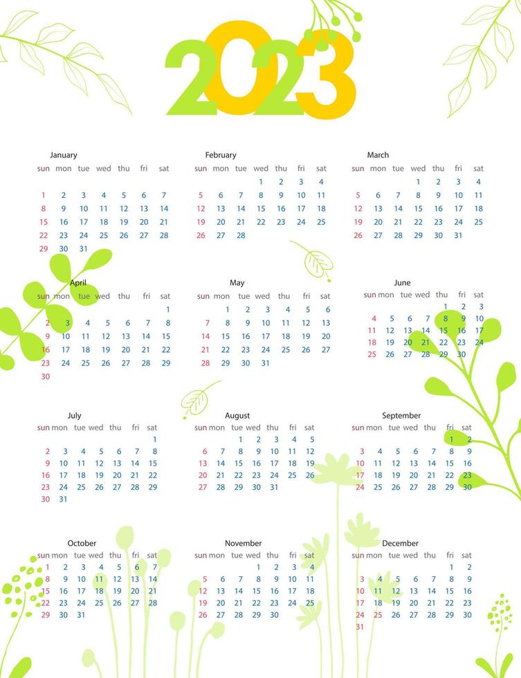 modèle de calendrier annuel 2023. la semaine commence le dimanche. conception de calendrier dans un style minimaliste. griffonnages de plantes. illustration vectorielle vecteur