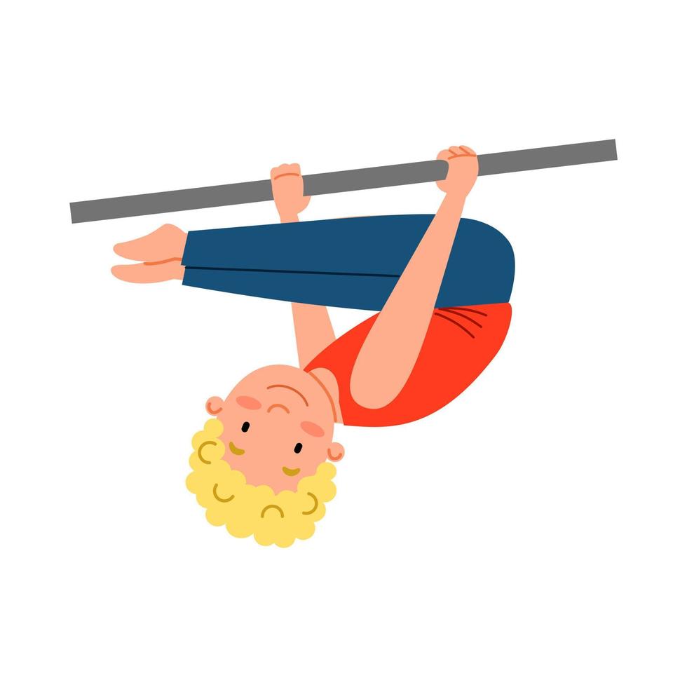 gymnastique sportive pour enfants. le garçon est suspendu à la barre transversale en position pliée. acrobaties sur un équipement sportif. vecteur