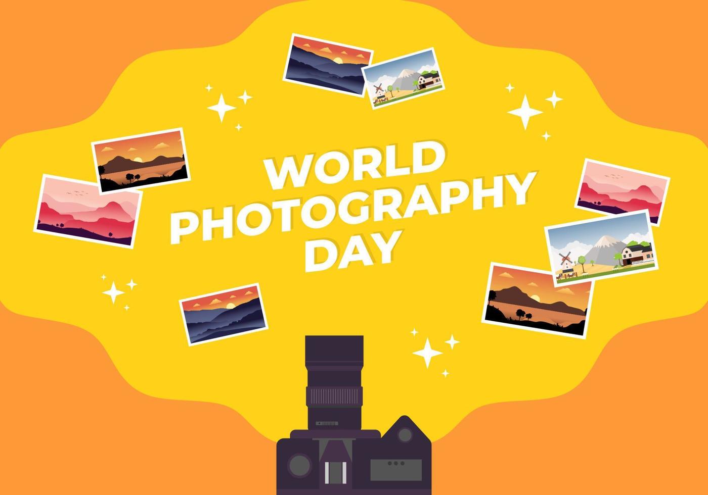 affiche de bannière de la journée mondiale de la photographie le 19 août avec appareil photo moderne et ensemble de photos sur fond jaune orange. vecteur