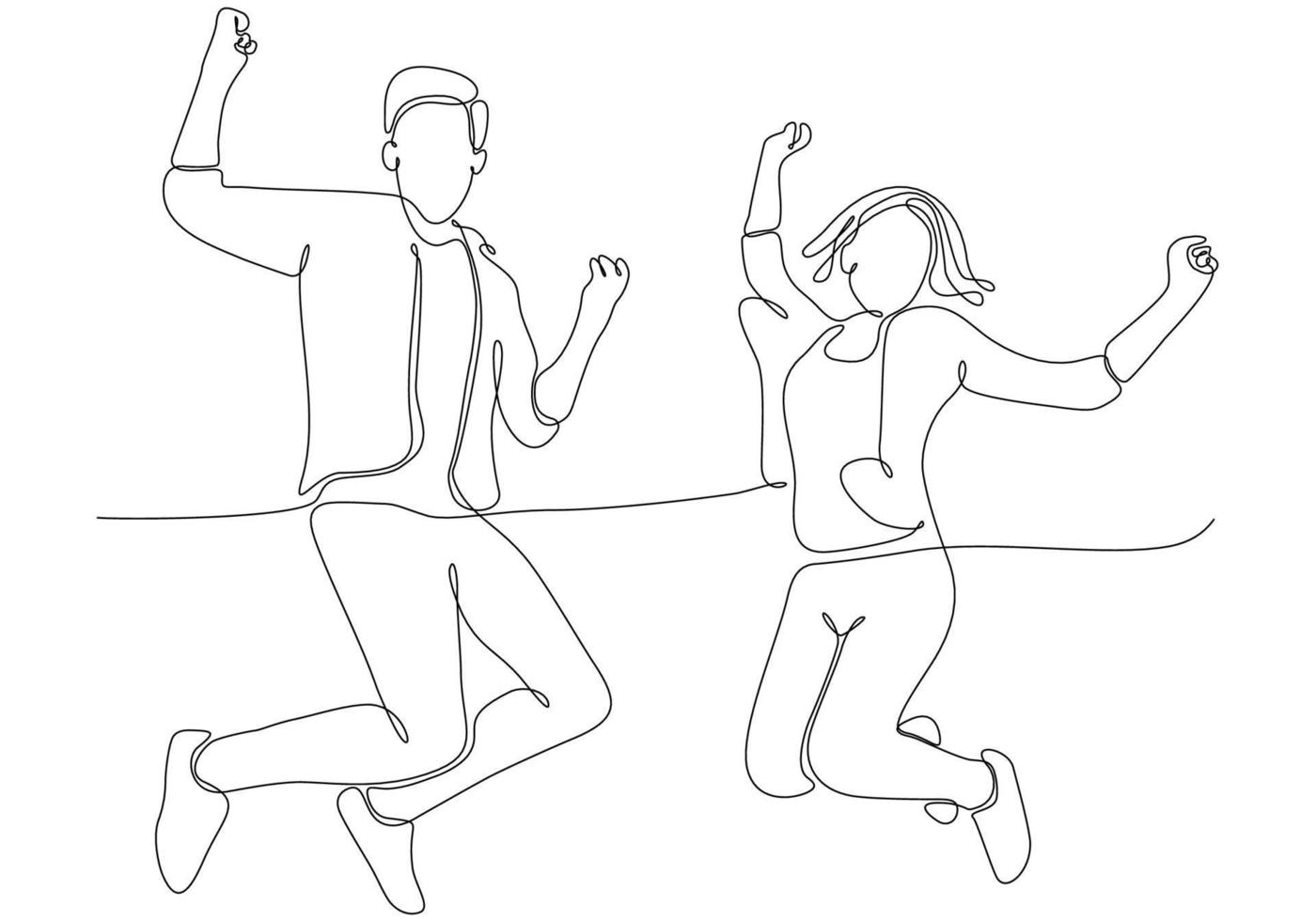 heureux couple sautant dessin au trait continu vecteur