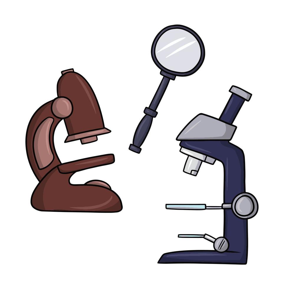 un ensemble d'images, des appareils grossissants pour l'étude en laboratoire, un microscope et une loupe, une illustration vectorielle en style cartoon sur fond blanc vecteur