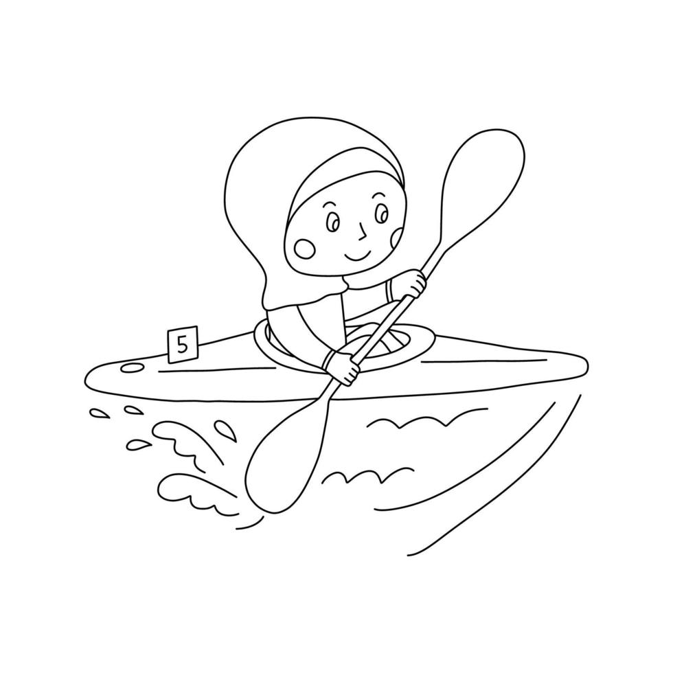 fille musulmane en kayak hijab. dessin de contour vectoriel. vecteur