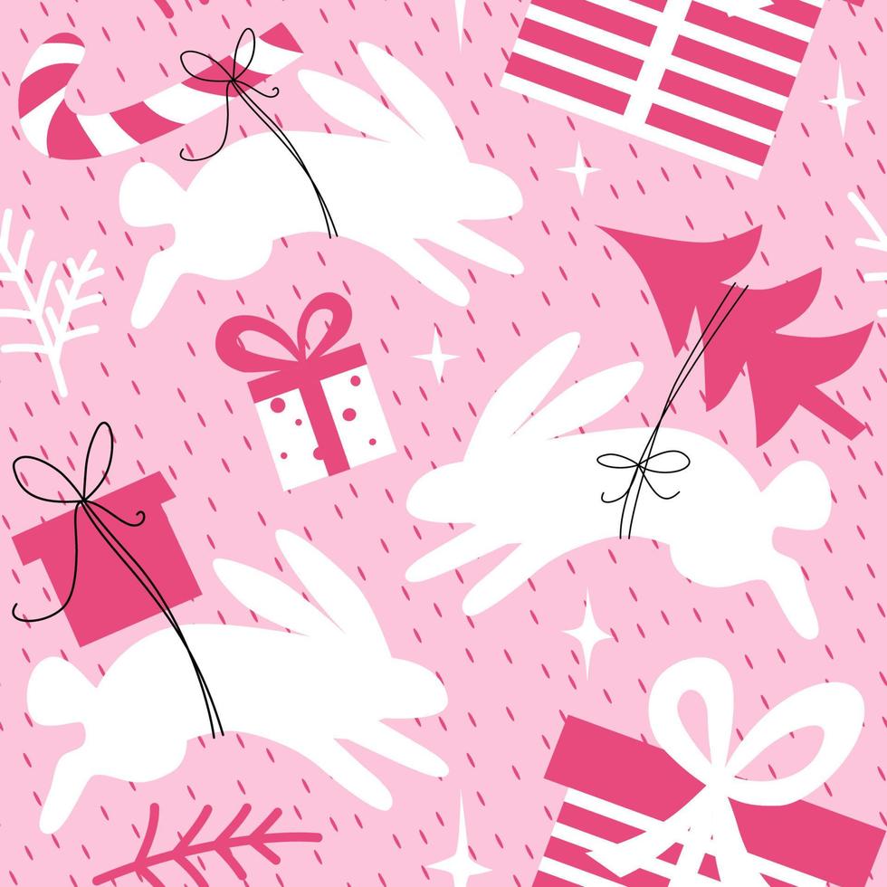 modèle sans couture rose de Noël avec des lapins et des cadeaux. vecteur