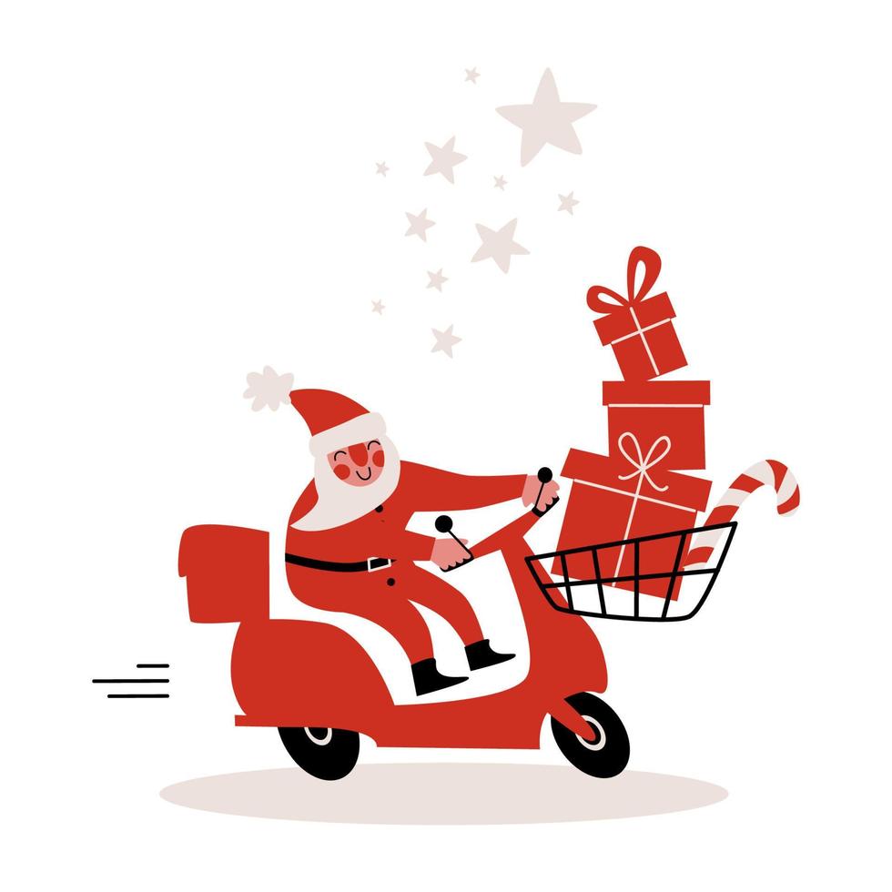 le père noël conduit un scooter livrant des boîtes à cadeaux. vecteur