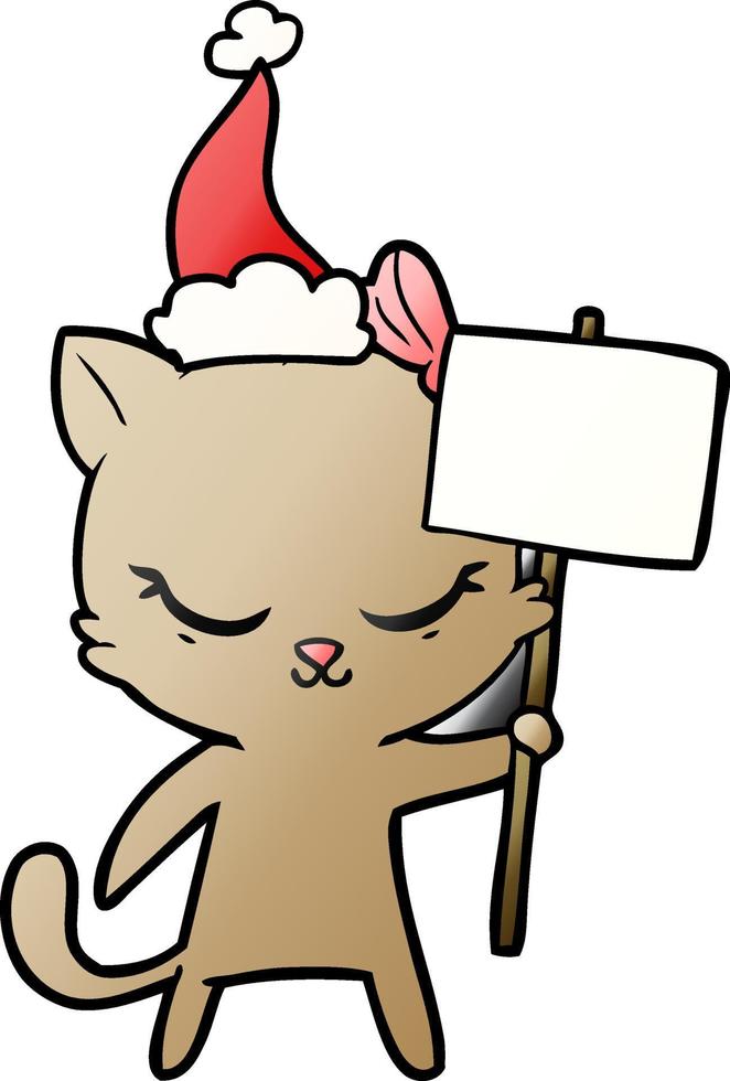 mignon dessin animé dégradé d'un chat avec signe portant bonnet de noel vecteur