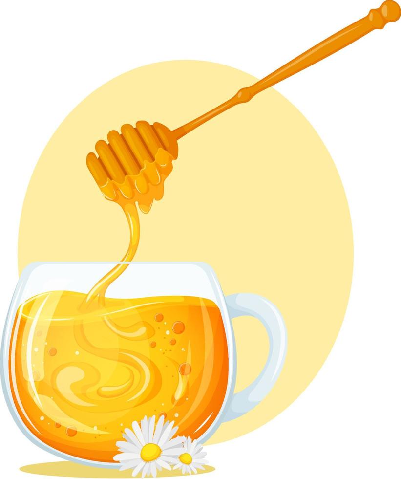 thé au miel et à la camomille. tasse de thé à la camomille et cuillère au miel. tasse pittoresque de thé à la camomille avec du miel. le miel coule dans une tasse de thé vecteur