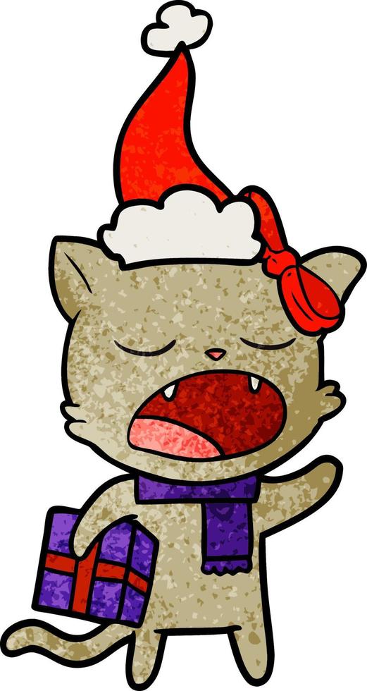 dessin animé texturé d'un chat avec un cadeau de noël portant un bonnet de noel vecteur