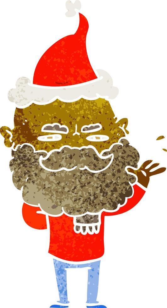 dessin animé rétro d'un homme dédaigneux avec une barbe fronçant les sourcils portant un bonnet de noel vecteur