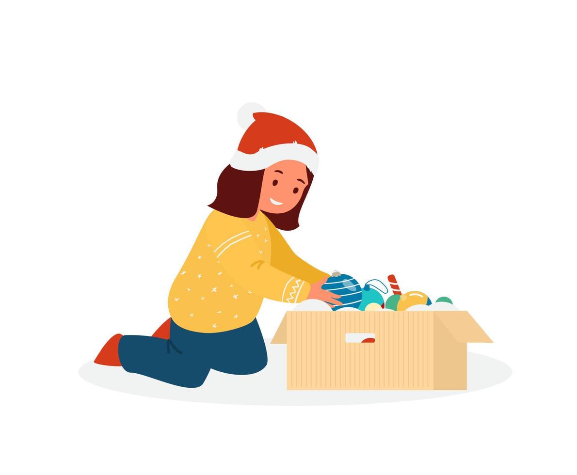 jolie petite fille en bonnet de noel sortant des boules de noël de la boîte avec des décorations d'arbre de noël. isolé sur blanc. illustration vectorielle plane. vecteur