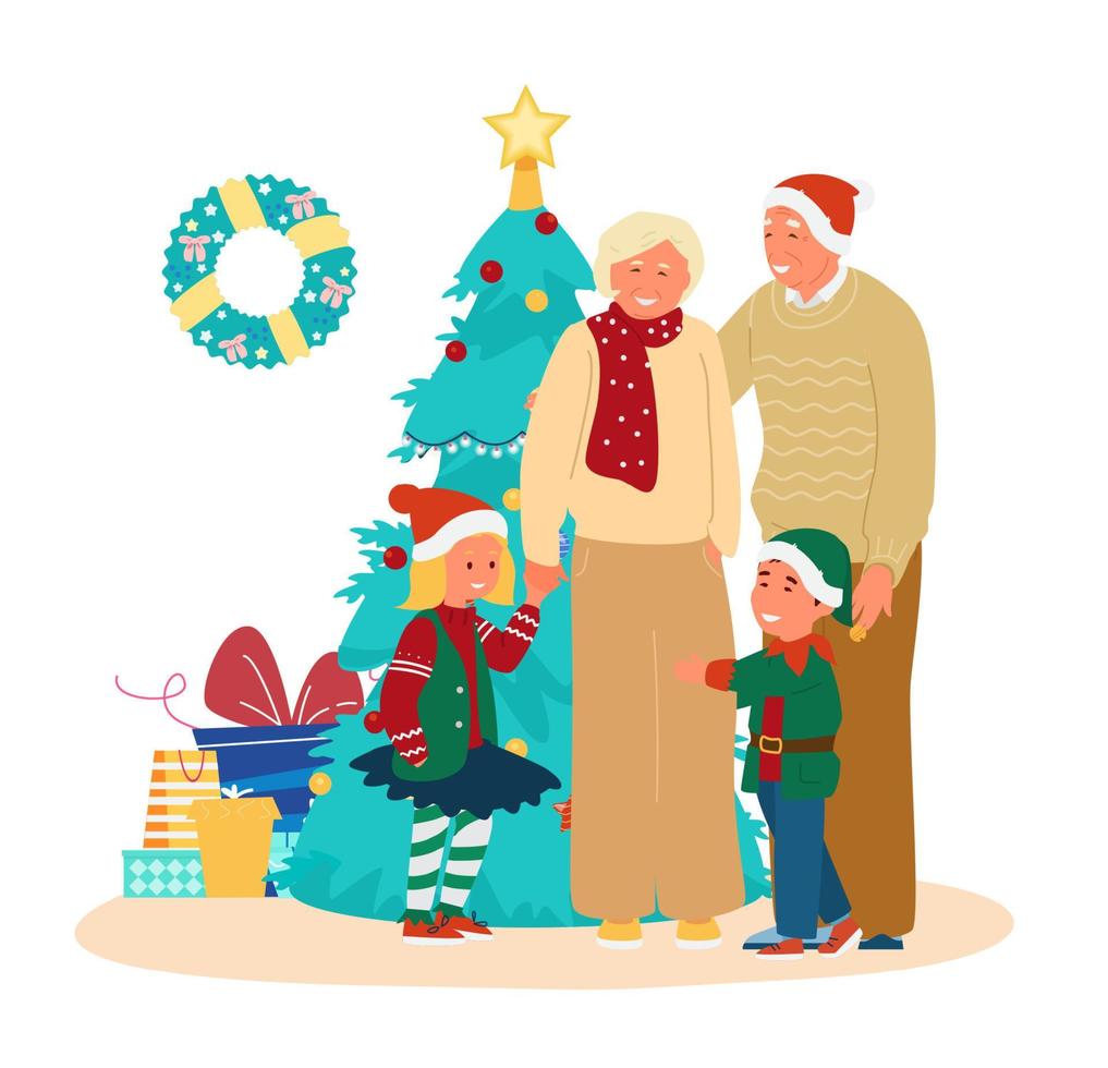 grands-parents avec petits-enfants en tenue de noël debout près du sapin de noël avec des coffrets cadeaux. illustration vectorielle plane. vecteur