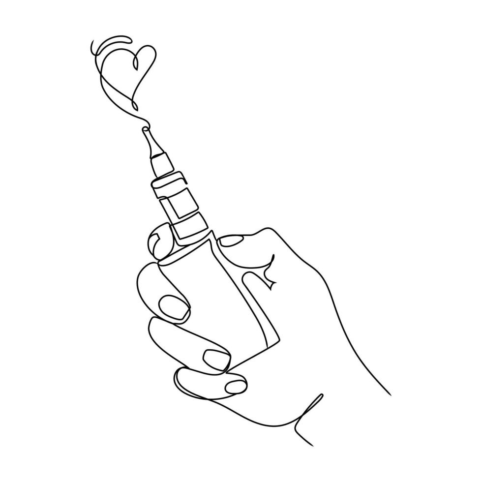 vapeur vaporisateur logo modèle ligne art illustration vectorielle sur fond blanc. main tenant une cigarette électronique avec une conception de ligne continue de vapeur en forme de coeur pour l'étiquette, la couverture et d'autres utilisations vecteur