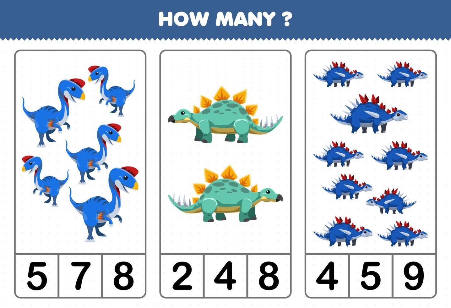 jeu éducatif pour les enfants comptant combien de dinosaures bleus préhistoriques de dessin animé mignon vecteur