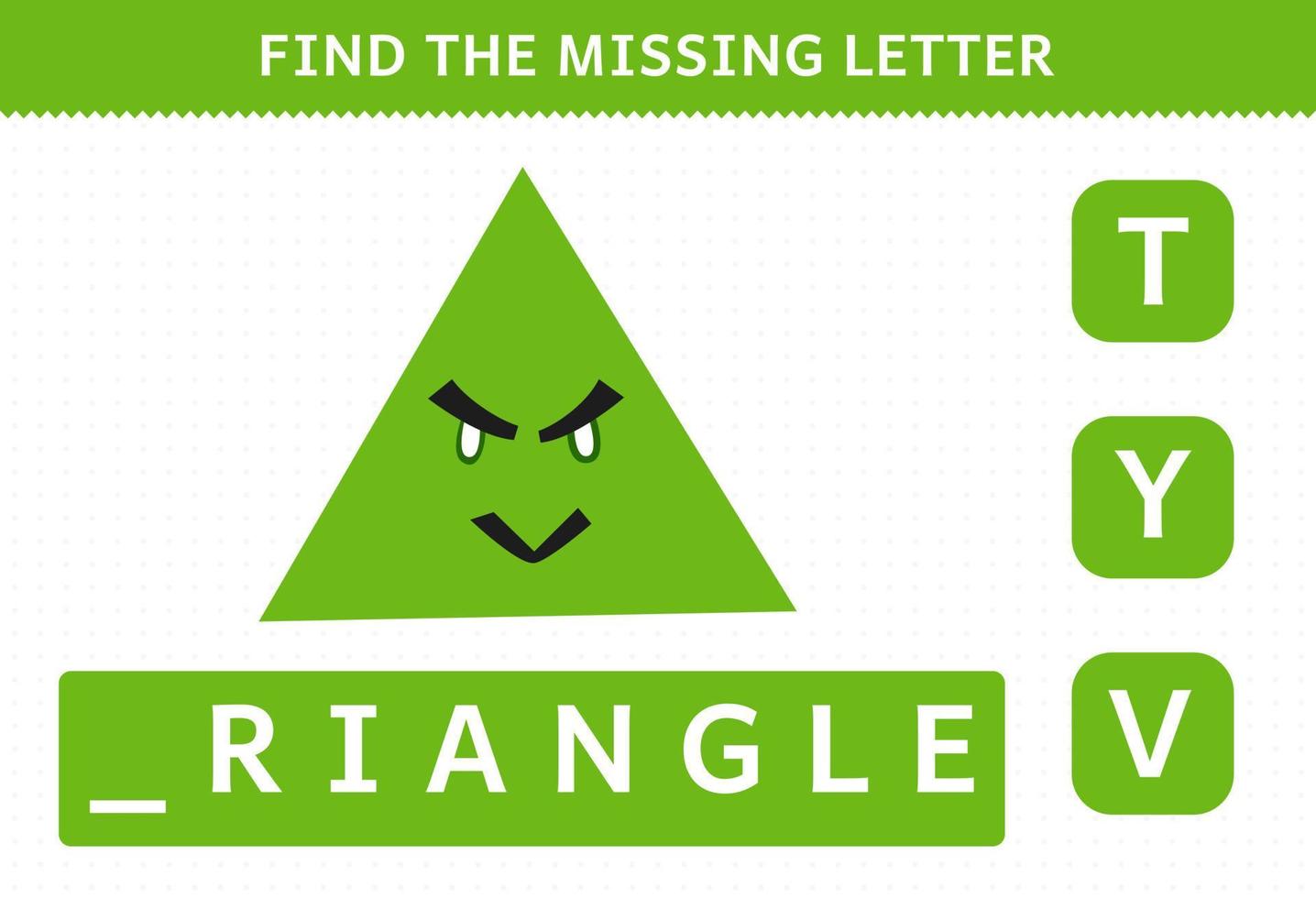 jeu éducatif pour les enfants trouver lettre manquante dessin animé forme géométrique feuille de travail triangle vecteur