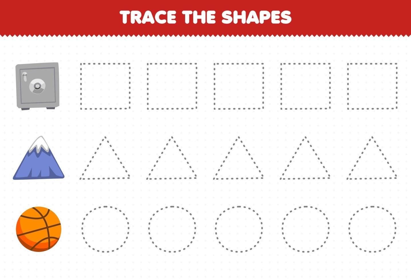 jeu éducatif pour les enfants tracer les formes carré coffre-fort triangle montagne cercle basket-ball feuille de calcul imprimable vecteur