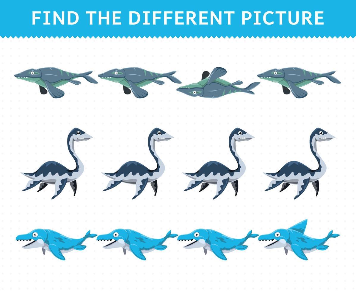 jeu éducatif pour les enfants trouver l'image différente dans chaque rangée dessin animé préhistorique dinosaure aquatique tylosaurus mosaurus plésiosaure vecteur