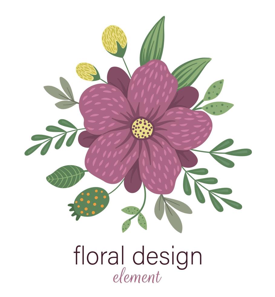 élément décoratif rond floral de vecteur. illustration à la mode plate avec des fleurs, des feuilles, des branches. prairie, bois, clipart de forêt. Beau bouquet de printemps ou d'été isolé sur fond blanc vecteur